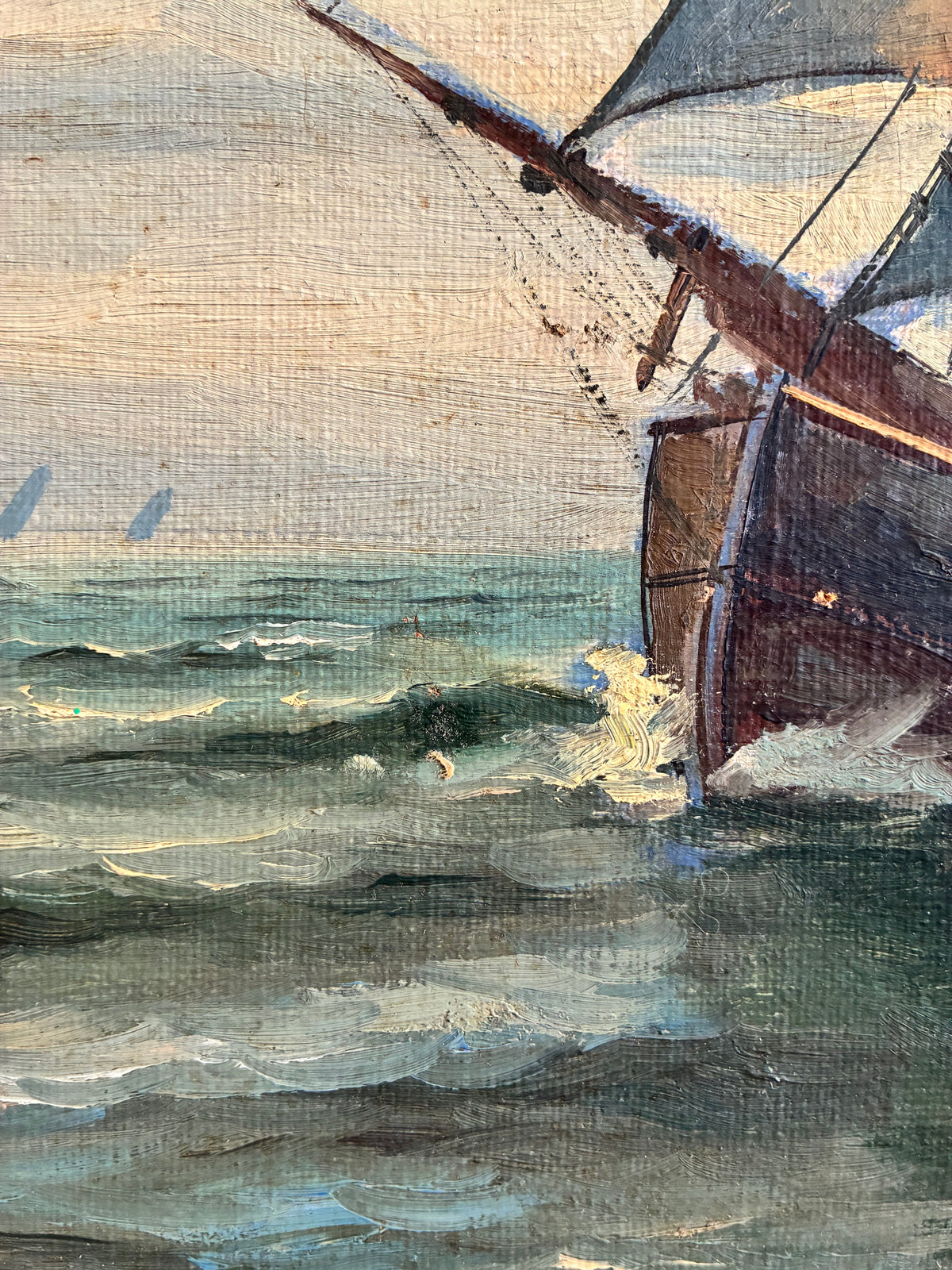 Vintage Signed Sailing Ship Seascape Oil Painting