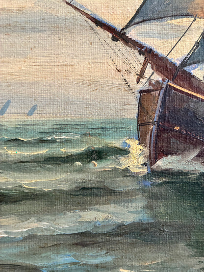 Vintage Signed Sailing Ship Seascape Oil Painting