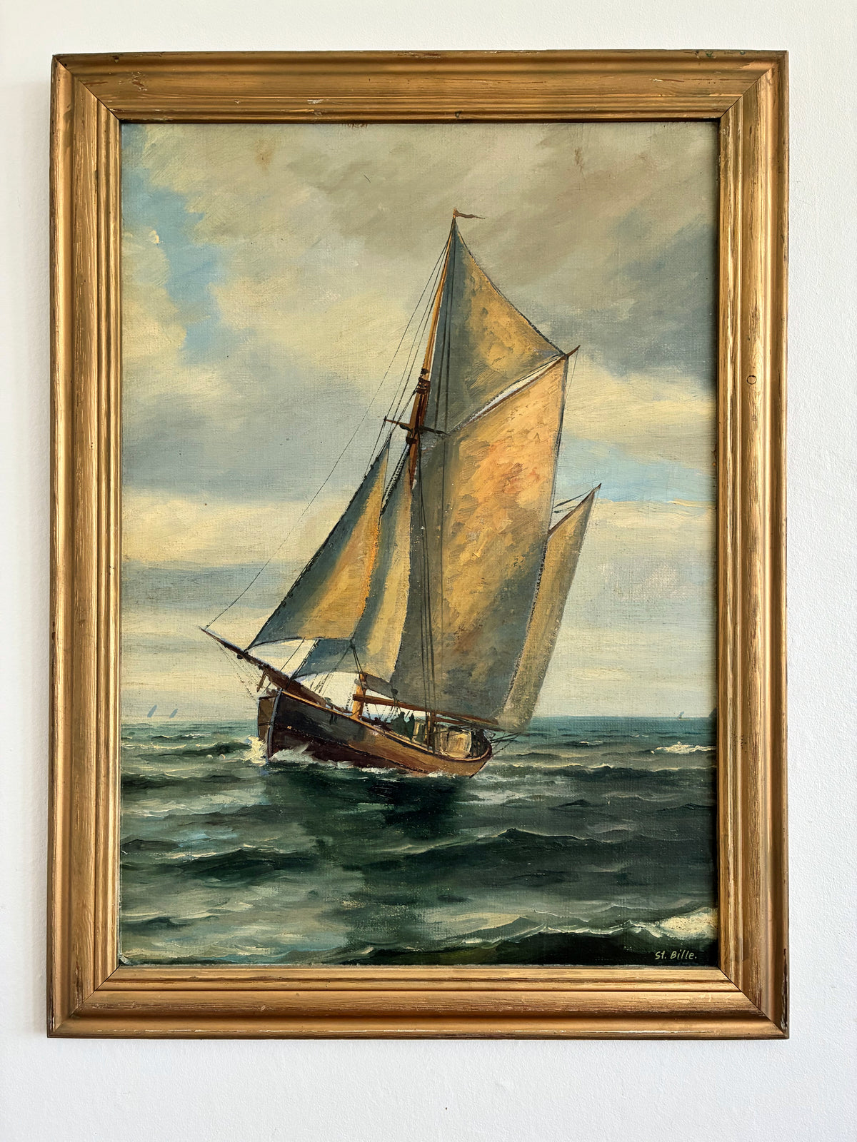 Vintage Signed Sailing Ship Seascape Oil Painting