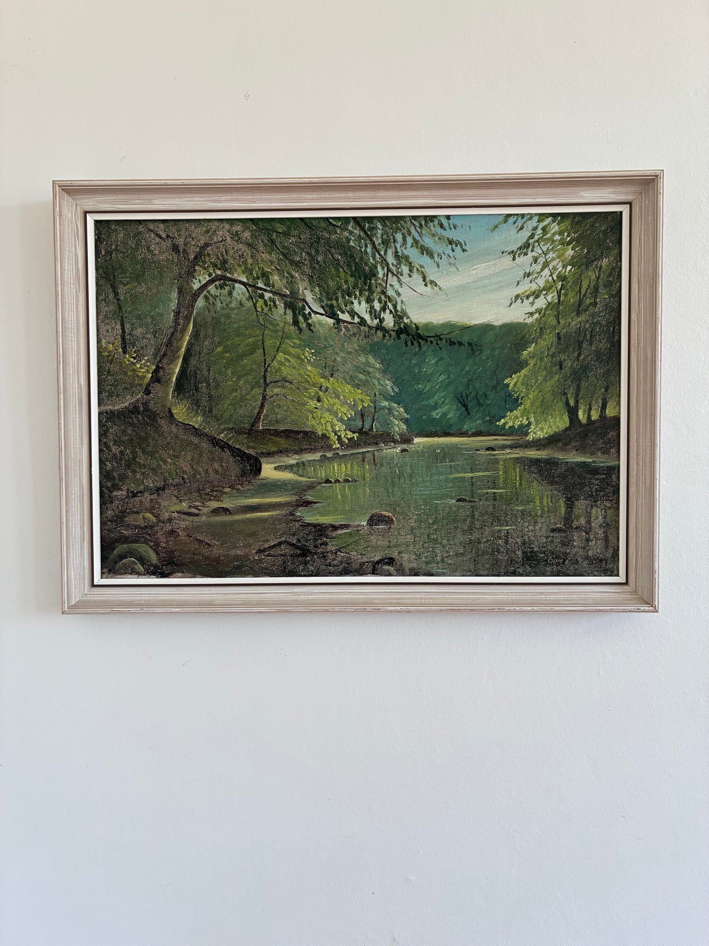 Vintage Woodland Lake Oil Painting, Forest Landscape