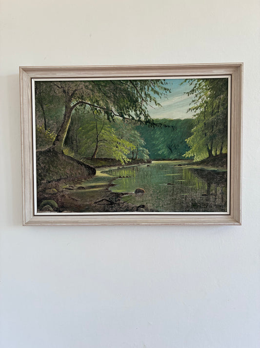 Vintage Woodland Lake Oil Painting, Forest Landscape