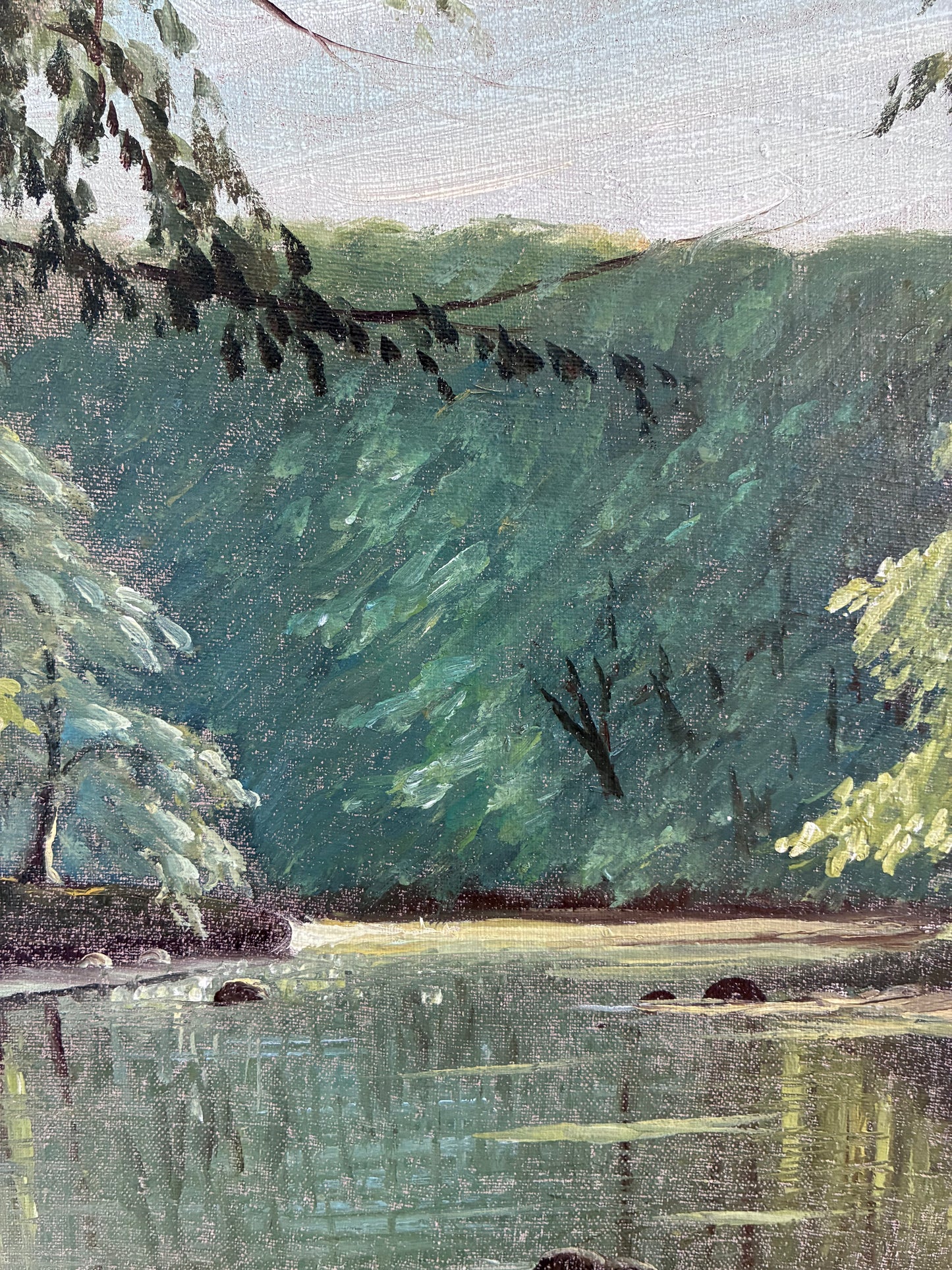 Vintage Woodland Lake Oil Painting, Forest Landscape