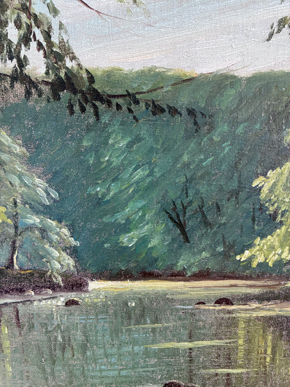 Vintage Woodland Lake Oil Painting, Forest Landscape