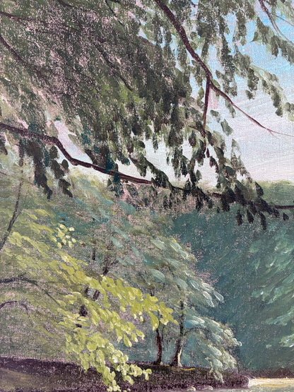 Vintage Woodland Lake Oil Painting, Forest Landscape