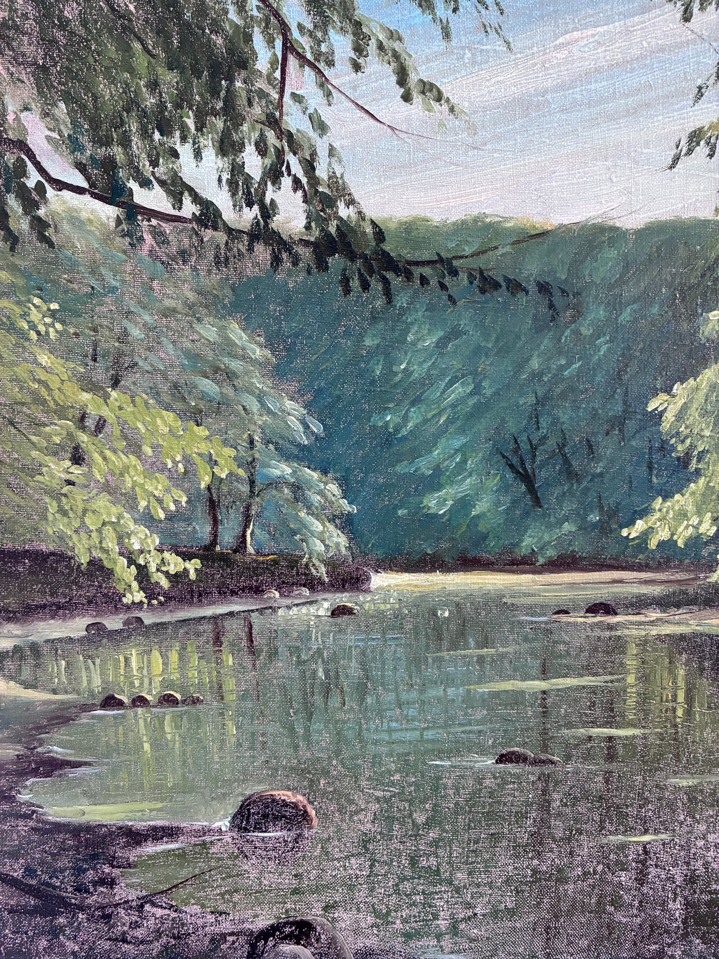 Vintage Woodland Lake Oil Painting, Forest Landscape