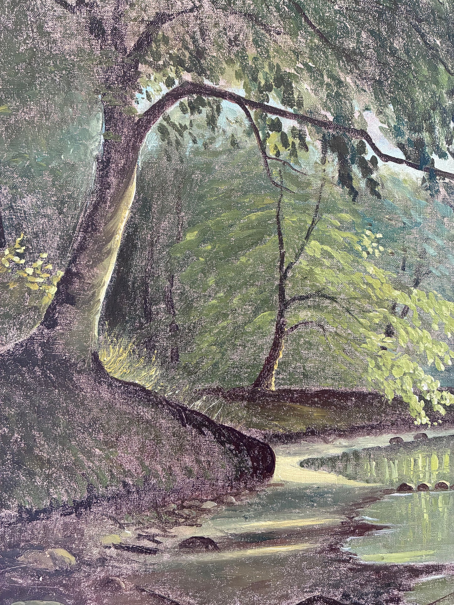Vintage Woodland Lake Oil Painting, Forest Landscape