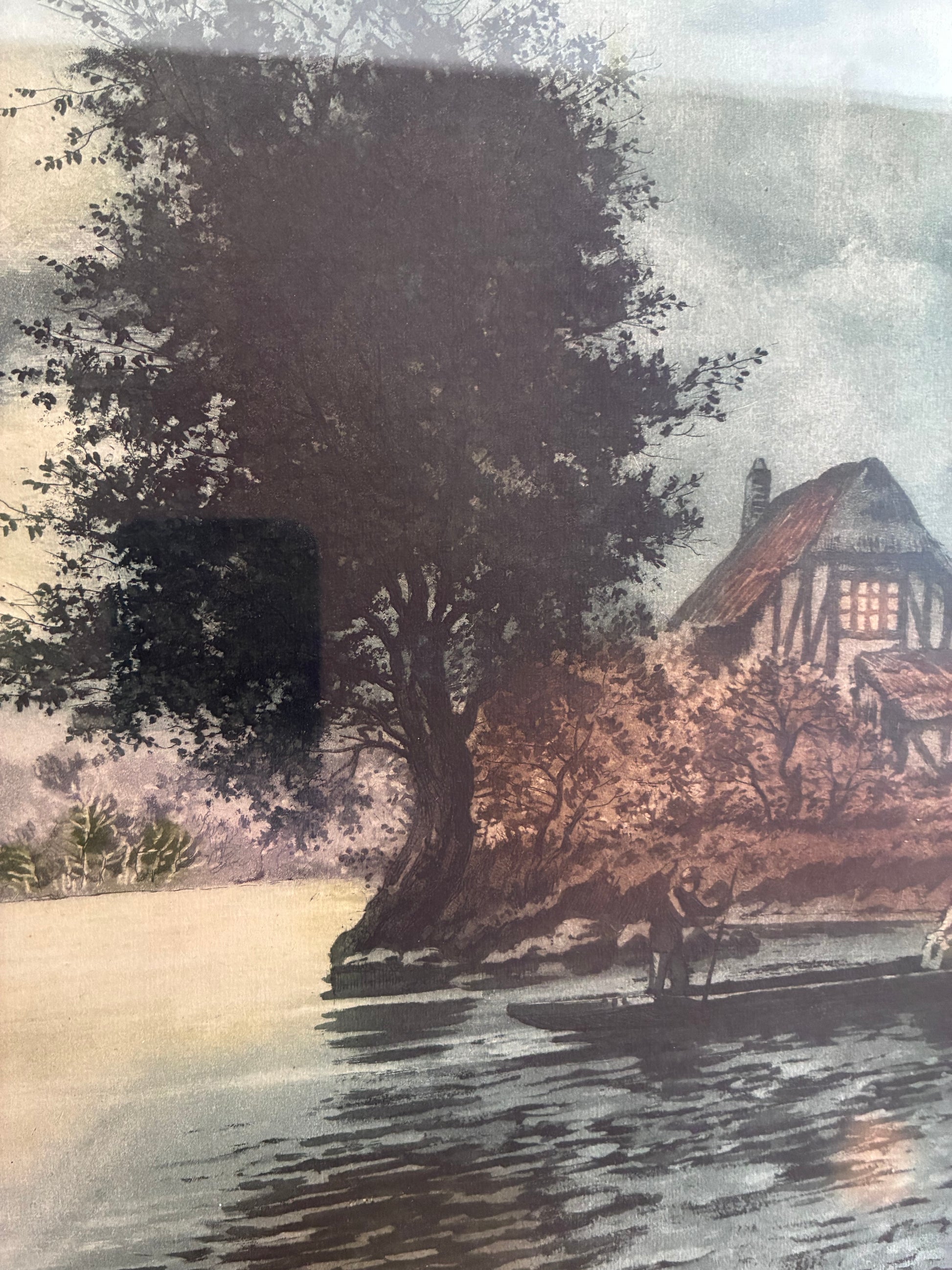 Vintage Original Riverside Cottage Print, Signed Landscape Art, 1970s