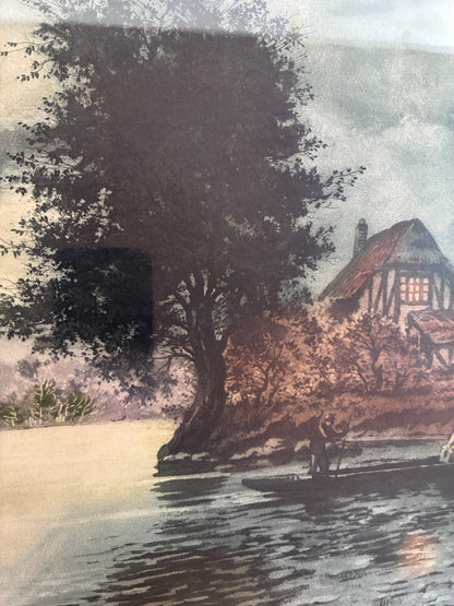Vintage Original Riverside Cottage Print, Signed Landscape Art, 1970s