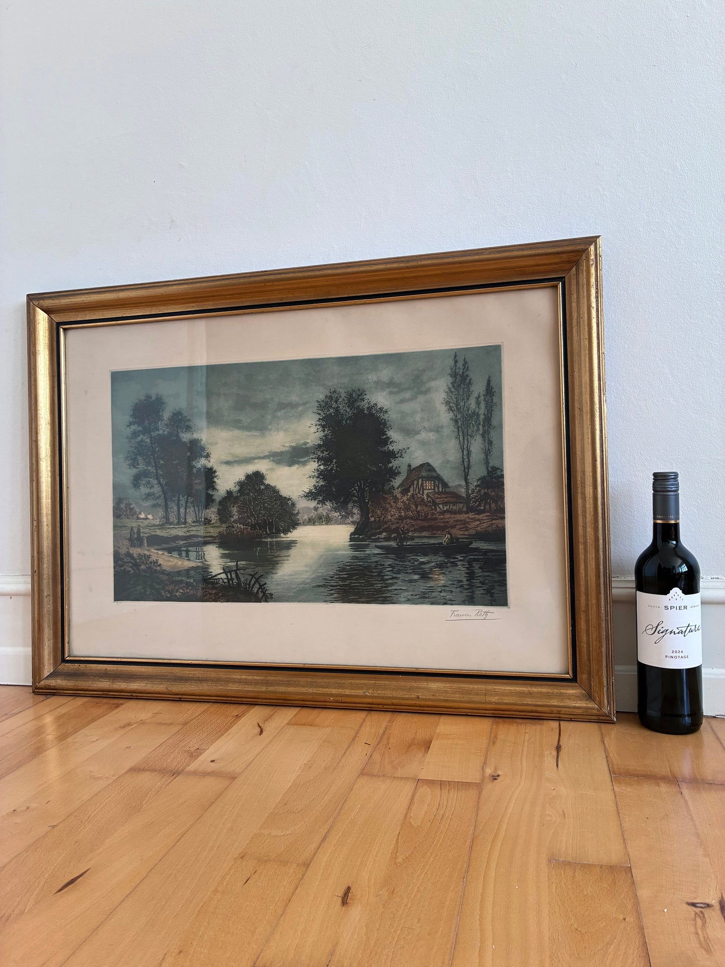 Vintage Original Riverside Cottage Print, Signed Landscape Art, 1970s