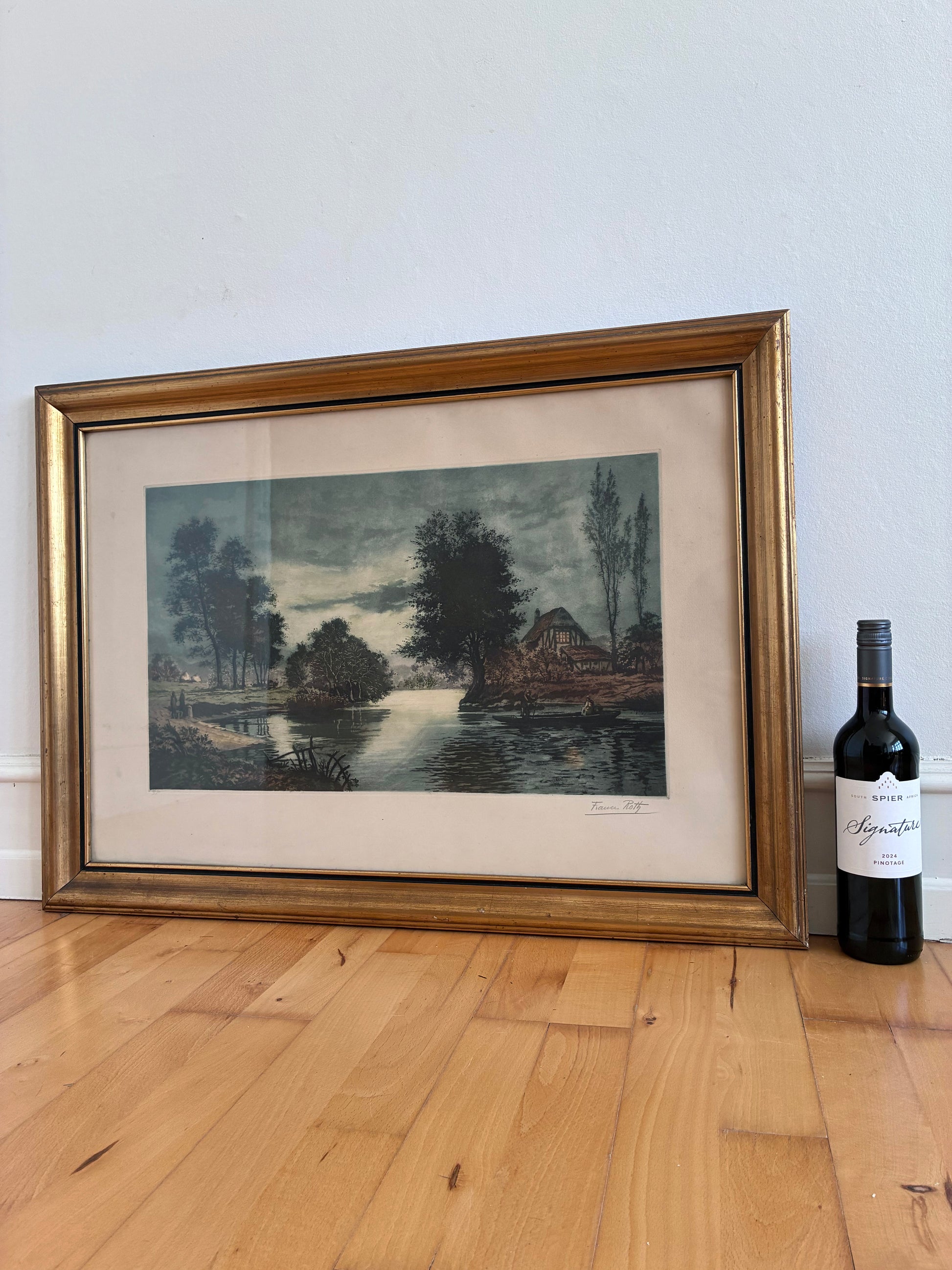 Vintage Original Riverside Cottage Print, Signed Landscape Art, 1970s