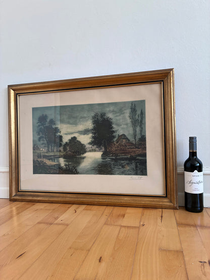 Vintage Original Riverside Cottage Print, Signed Landscape Art, 1970s