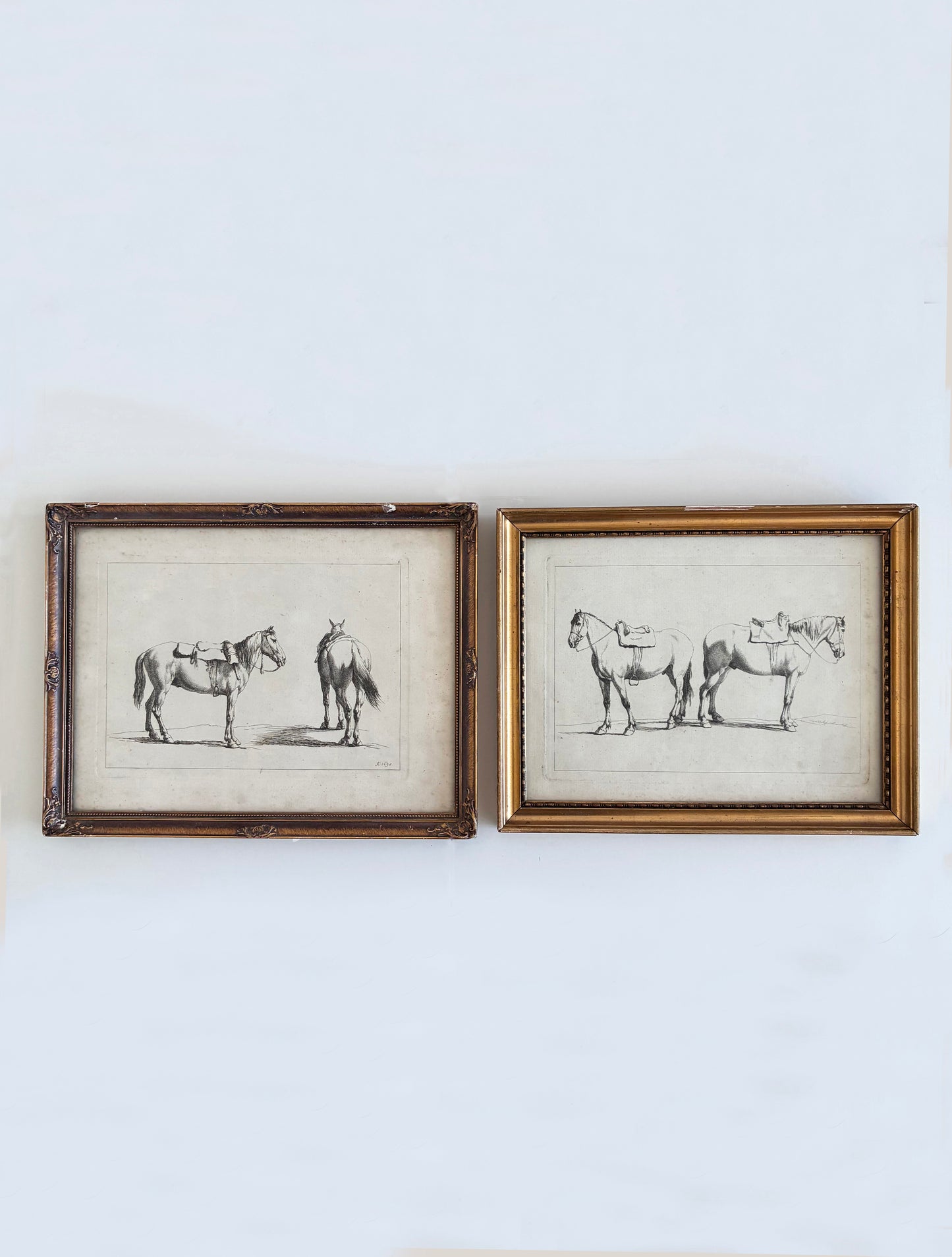 Pair of Antique Original Horse Etchings, circa 1700, Framed Equestrian Prints