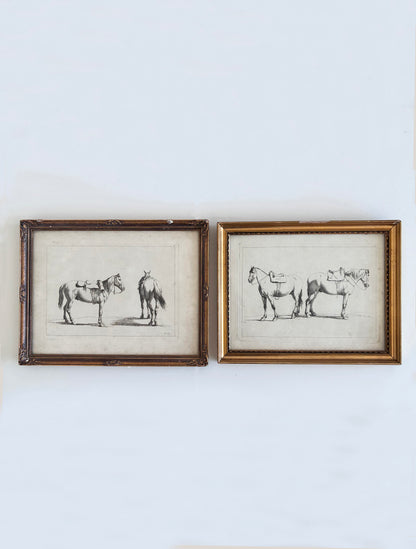Pair of Antique Original Horse Etchings, circa 1700, Framed Equestrian Prints