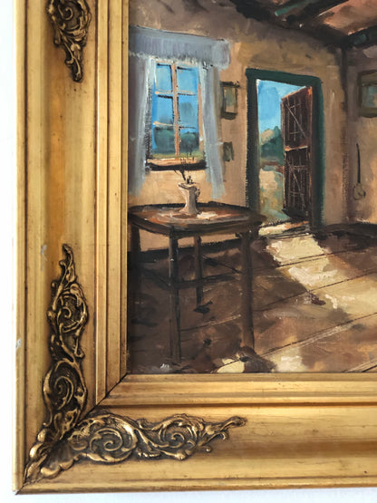 Vintage Original Oil Painting with a Cottage Interior, circa 1960