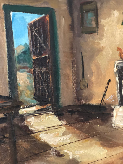 Vintage Original Oil Painting with a Cottage Interior, circa 1960