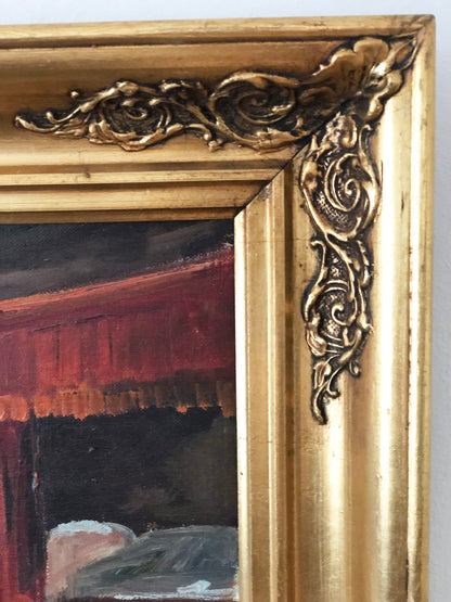 Vintage Original Oil Painting with a Cottage Interior, circa 1960