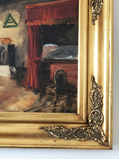 Vintage Original Oil Painting with a Cottage Interior, circa 1960