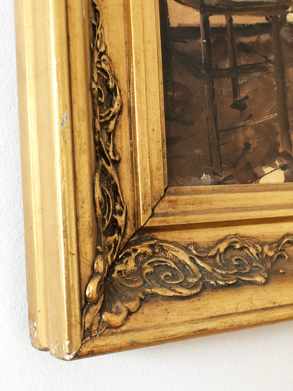 Vintage Original Oil Painting with a Cottage Interior, circa 1960