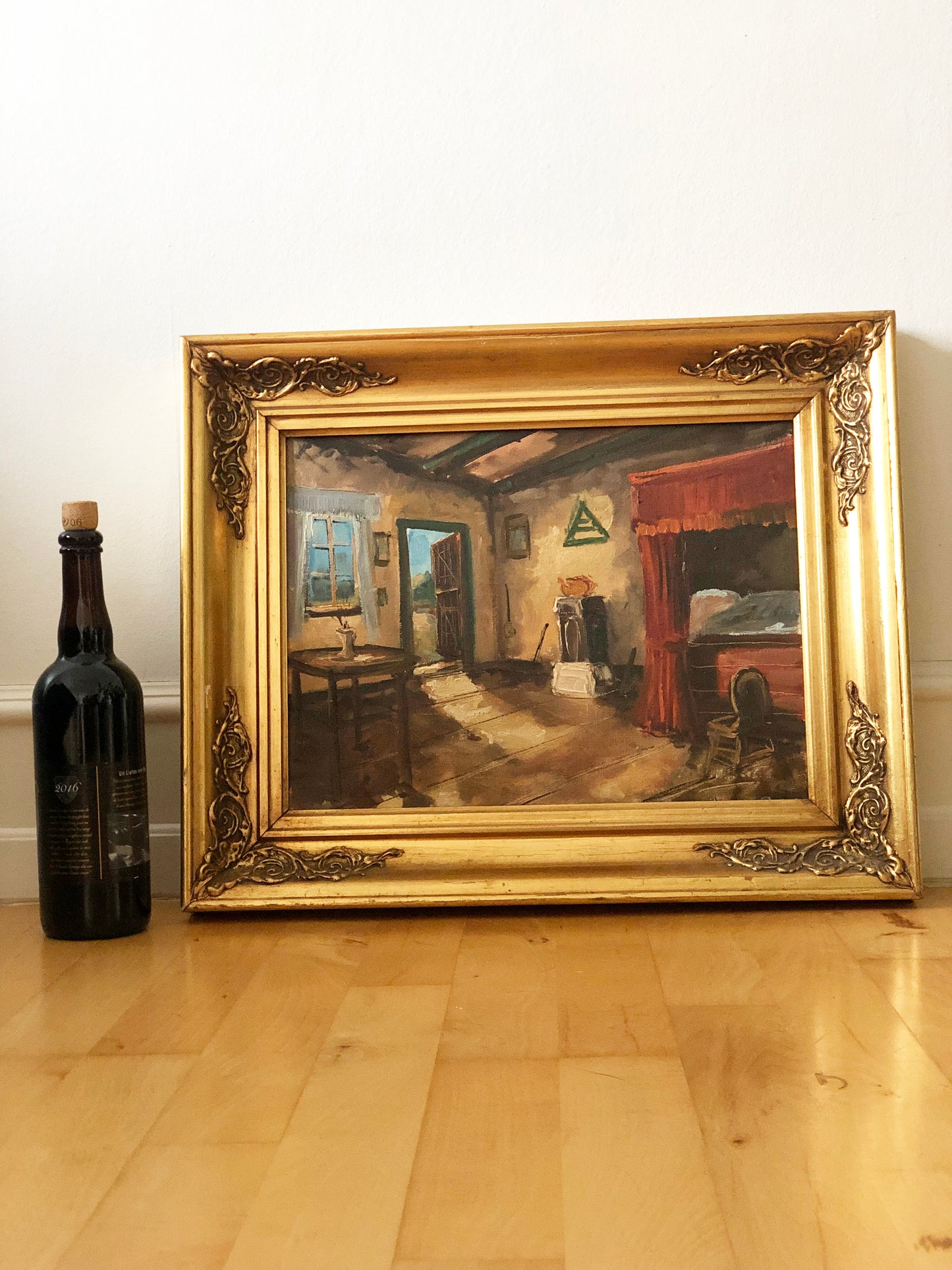 Vintage Original Oil Painting with a Cottage Interior, circa 1960