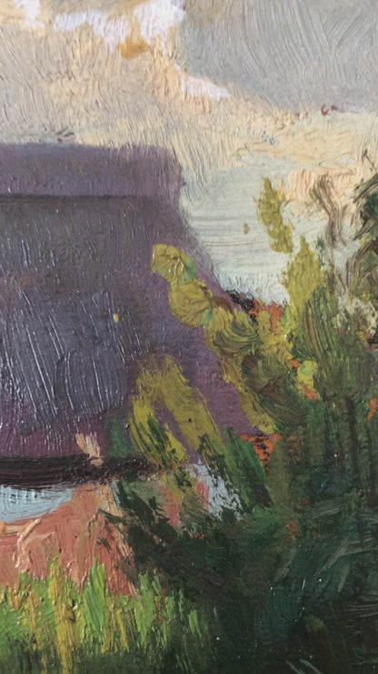 Original Vintage Landscape Cottage Nature Oil Painting, circa 1925