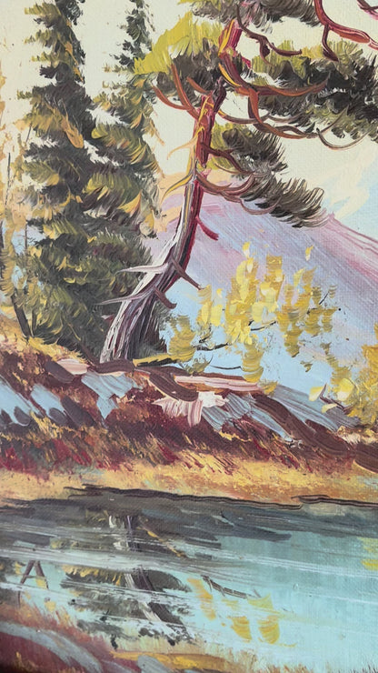 Vintage Original Landscape Oil Painting, Framed Mountain River Wall Art