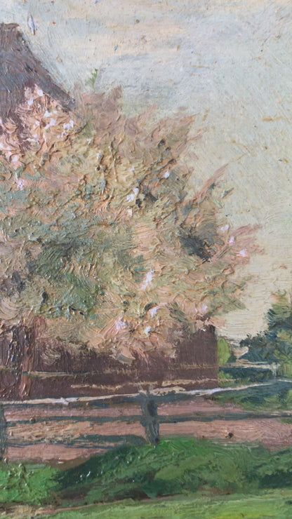 Original Vintage Countryside Cottage Landscape Oil Painting, circa 1925