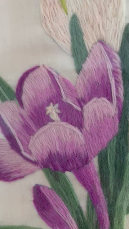 Set Vintage Flower on Silk Paintings, Embroidery Flower Art