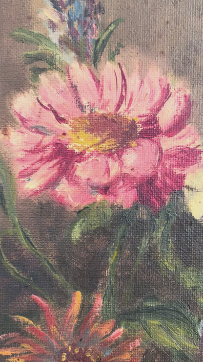 Vintage Original Floral Oil Painting with Blue and White Vase