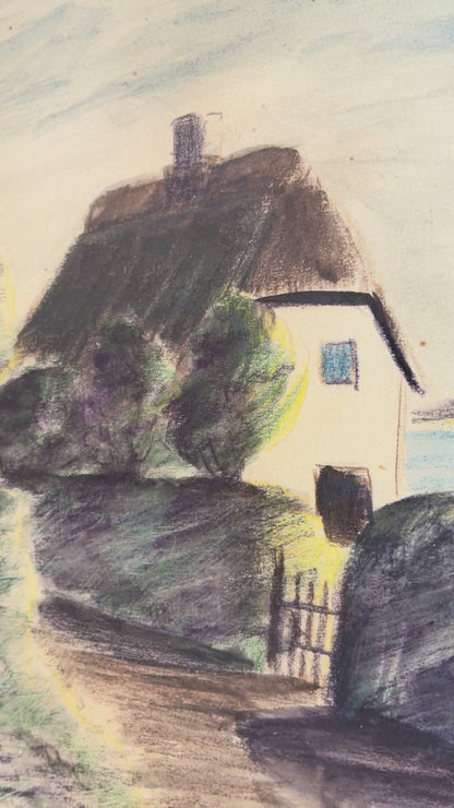 Vintage Coastal Village Drawing, Seaside Cottage Art