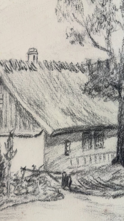 Vintage Original Farmhouse Drawing, 1934 Cottage Countryside Art