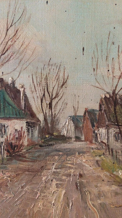 Large Vintage European Village Original Oil Painting with Cottages, circa 1940