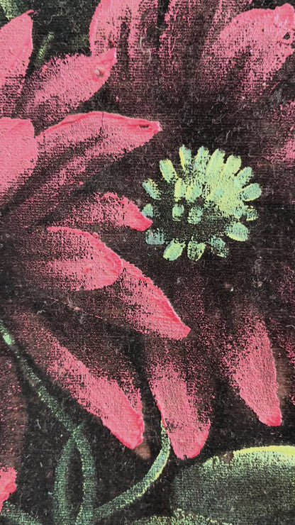 Vintage Original Velvet Flower Oil Painting, Framed Red Floral Still Life Wall Art
