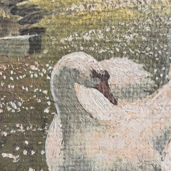 Antique Original Swan Oil Painting, Framed Garden Landscape Wall Art
