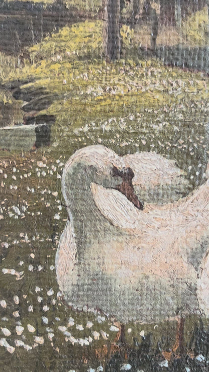 Antique Original Swan Oil Painting, Framed Garden Landscape Wall Art