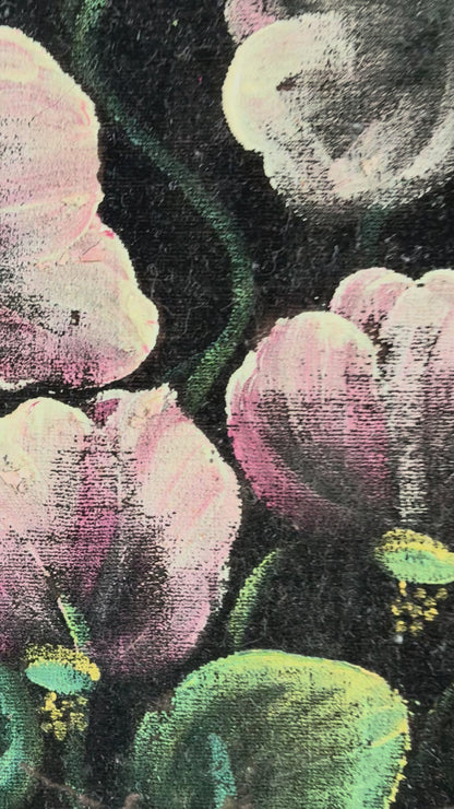 Vintage Original Velvet Flower Oil Painting, Framed Pink Floral Still Life Wall Art
