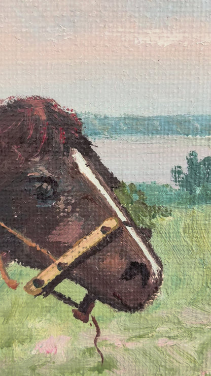 Vintage Signed Horse Landscape Oil Painting