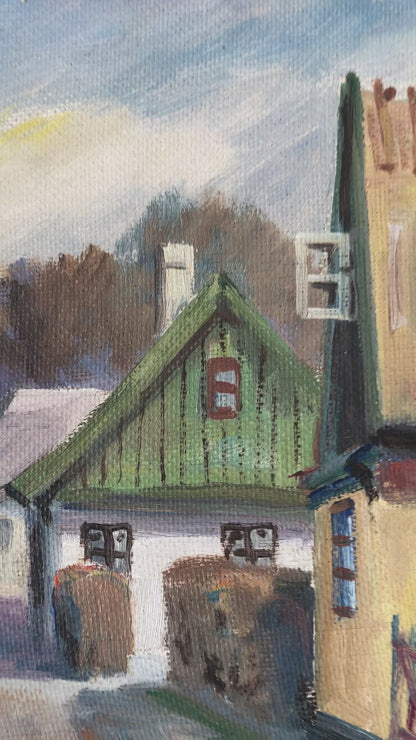 Original Vintage Cottage Landscape Oil Painting, circa 1950