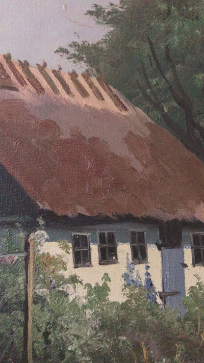 Large Vintage Countryside Cottage Original Oil Painting, circa 1940