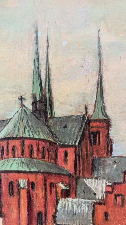 Vintage Original Church Oil Painting, European Village Landscape
