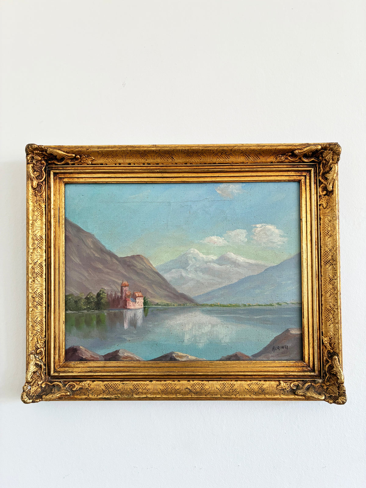 Vintage Signed Mountain Lake Landscape Oil Painting