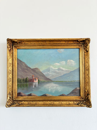 Vintage Signed Mountain Lake Landscape Oil Painting
