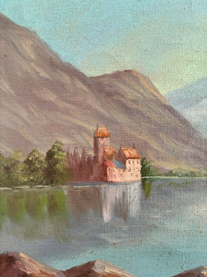 Vintage Signed Mountain Lake Landscape Oil Painting