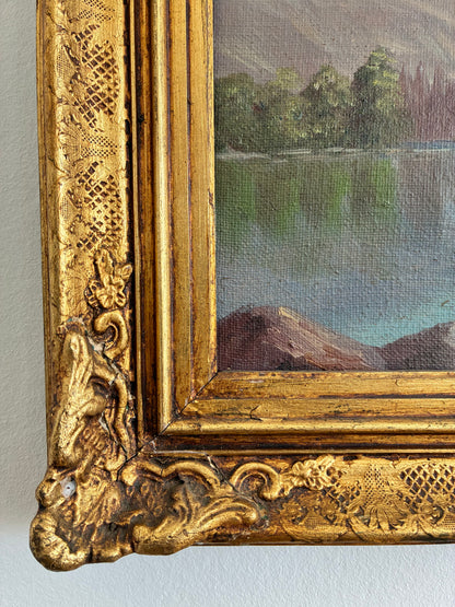 Vintage Signed Mountain Lake Landscape Oil Painting